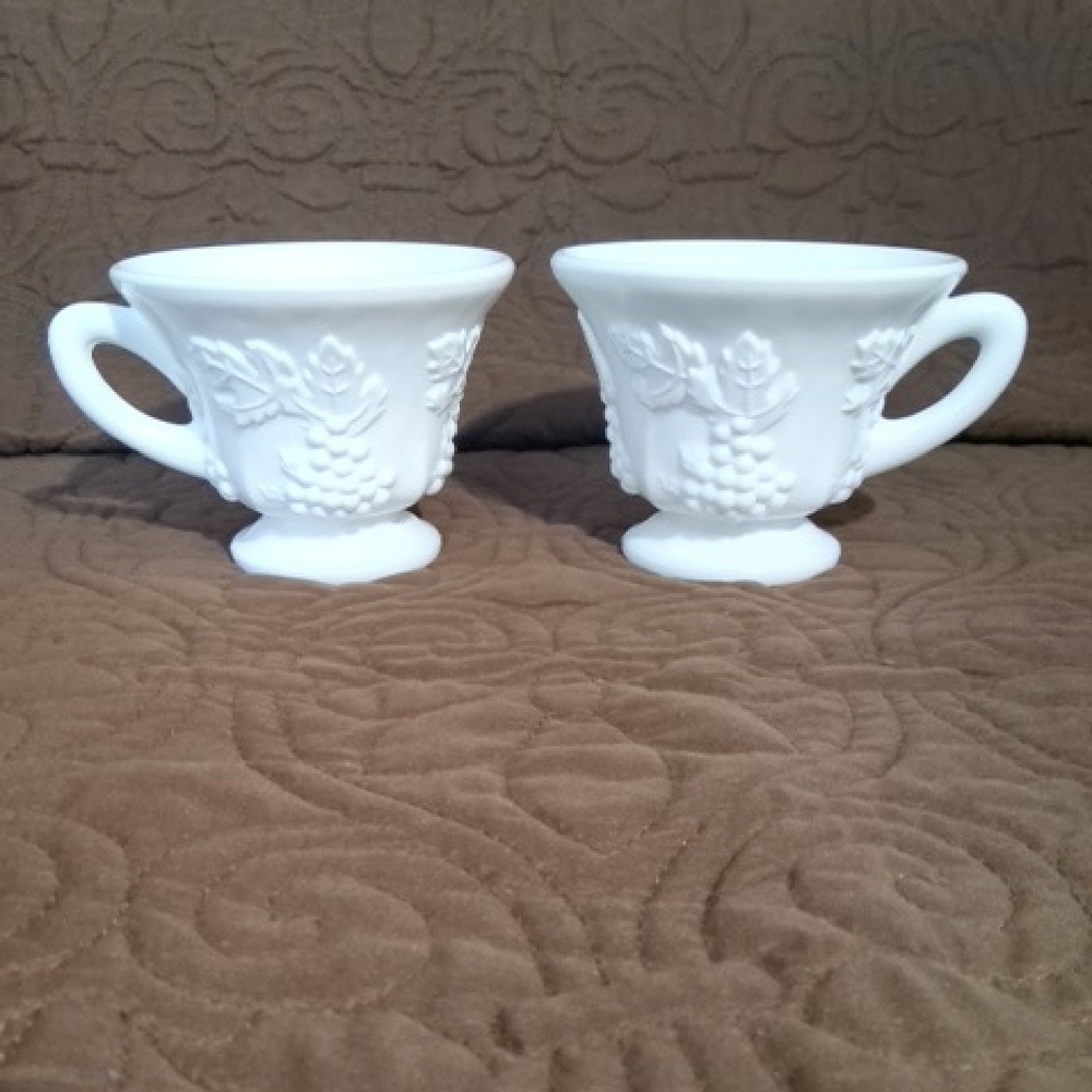 Vintage Milk Glass Harvest Grape Pedestal Tea Cups - Set of 2